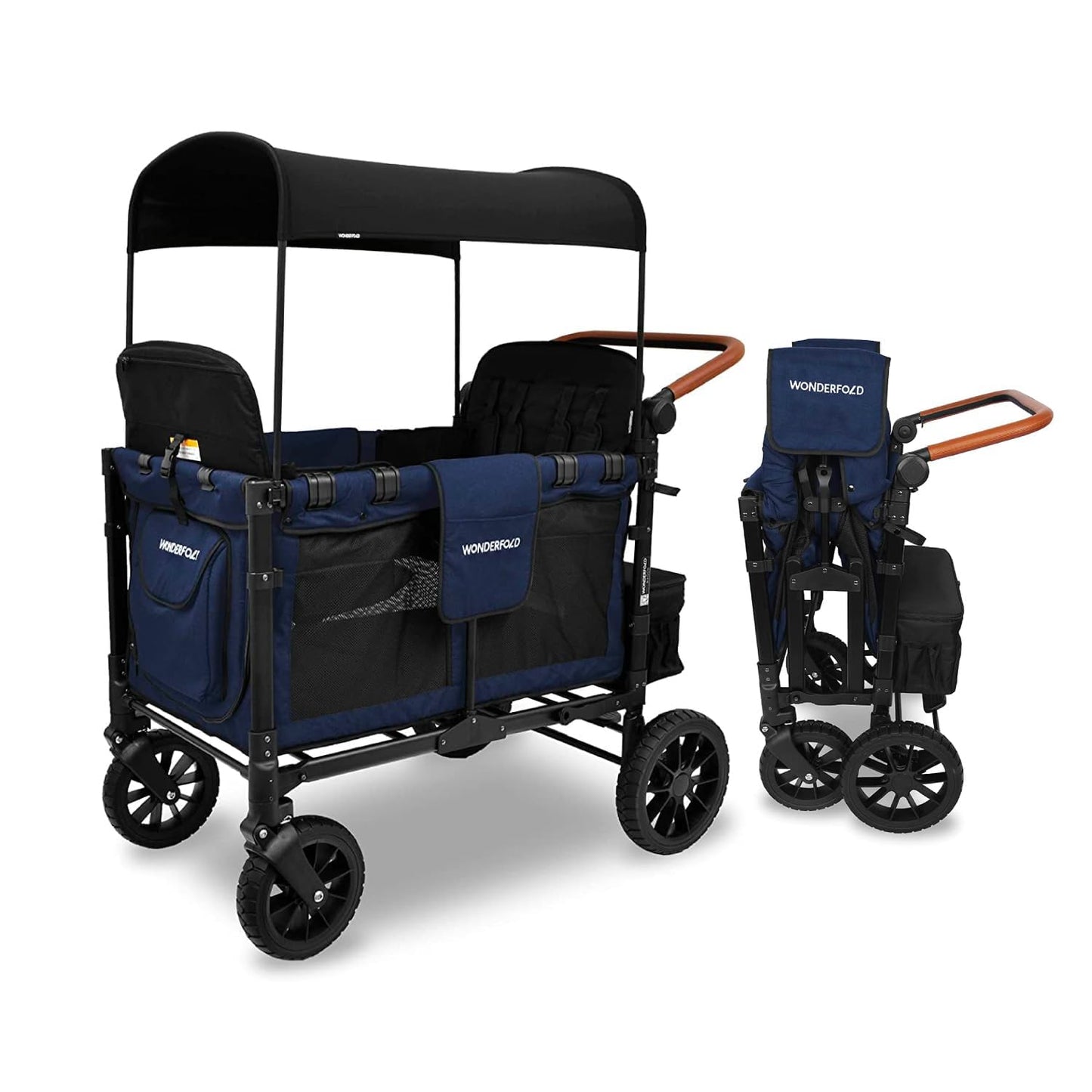 WONDERFOLD W4 Luxe Stroller Wagon (4 Seater) - Collapsible Wagon Stroller with Seats with Magnetic Buckle 5-Point Harnesses and Sun Canopy, Navy
