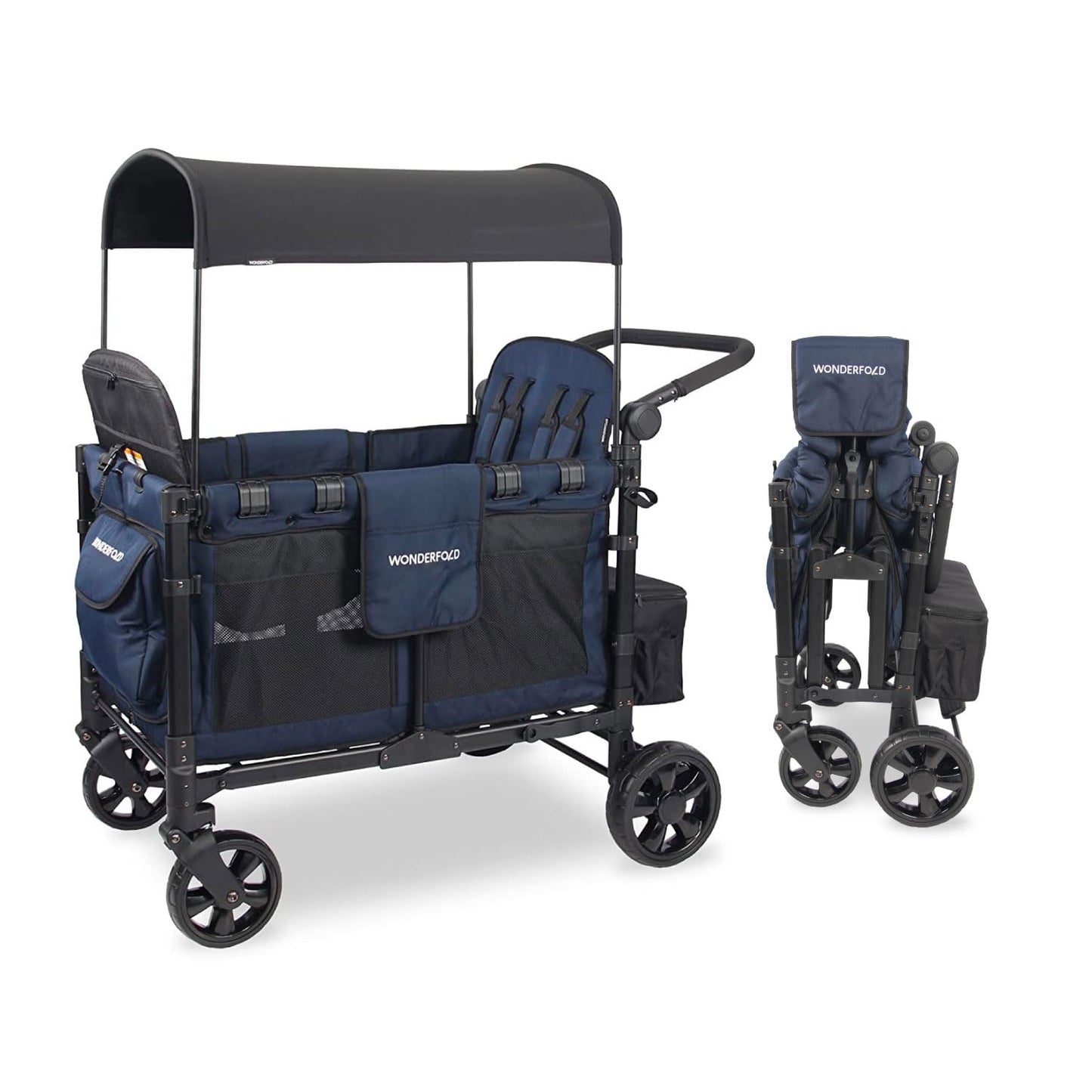 WONDERFOLD W4 Elite Stroller Wagon (4 Seater) - Collapsible Wagon Stroller with Seats with 5-Point Harnesses, Adjustable Push Handle, and Removable UV Sun Canopy, Noble Navy