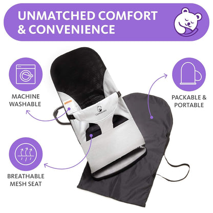ComfyBumpy Ergonomic Baby Bouncer Seat - Bonus Travel Carry Case - Safe, Portable Bouncing Chair with Adjustable Height Positions - Infant Sleeper Bouncy Seat Perfect for Newborn Babies (Grey)