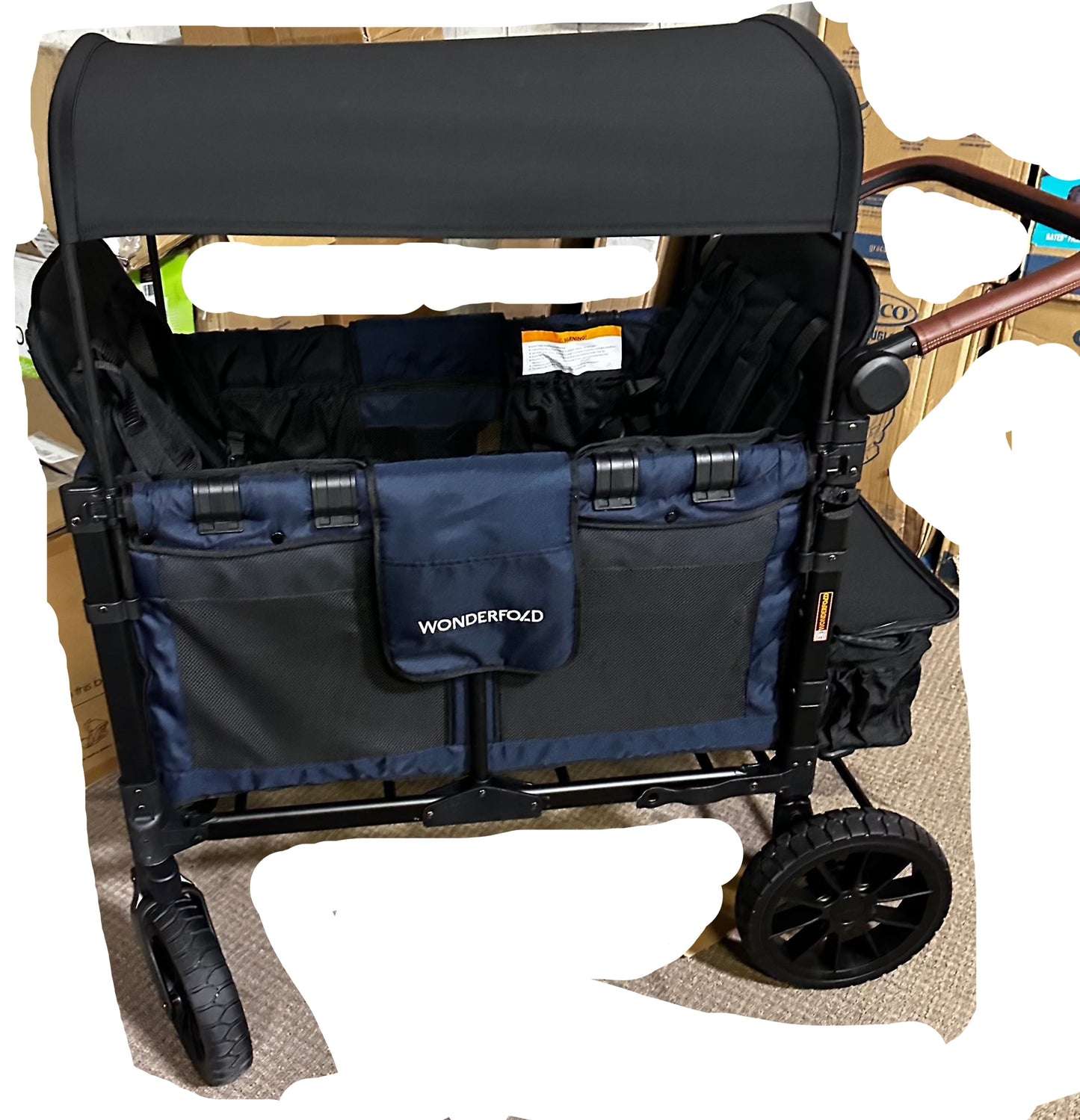 WONDERFOLD W4 Luxe Stroller Wagon (4 Seater) - Collapsible Wagon Stroller with Seats with Magnetic Buckle 5-Point Harnesses and Sun Canopy, Navy
