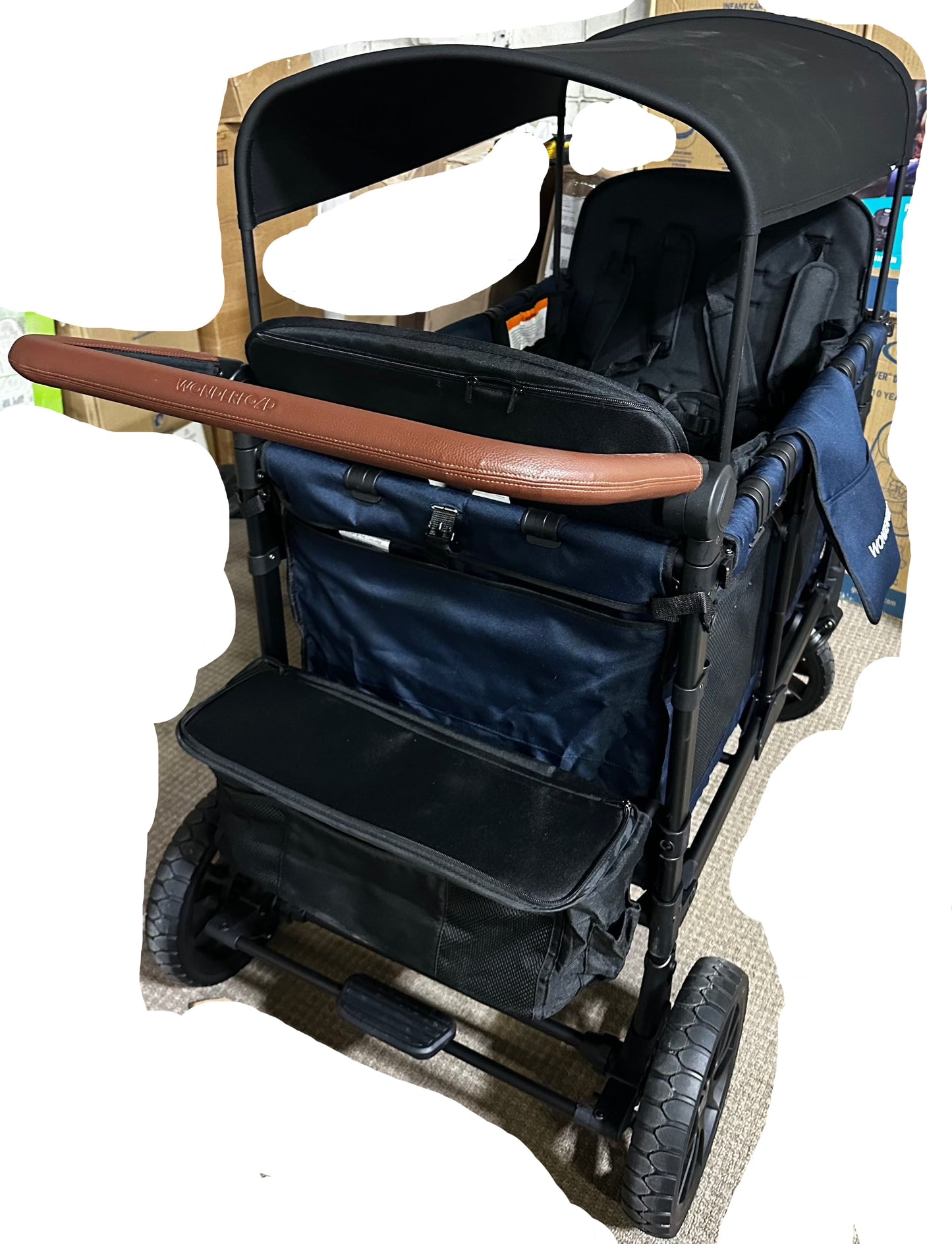 WONDERFOLD W4 Luxe Stroller Wagon (4 Seater) - Collapsible Wagon Stroller with Seats with Magnetic Buckle 5-Point Harnesses and Sun Canopy, Navy
