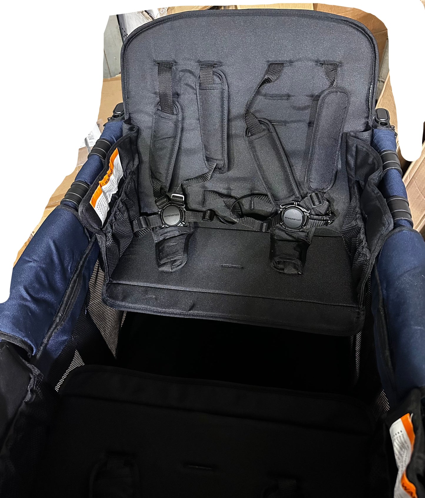 WONDERFOLD W4 Luxe Stroller Wagon (4 Seater) - Collapsible Wagon Stroller with Seats with Magnetic Buckle 5-Point Harnesses and Sun Canopy, Navy