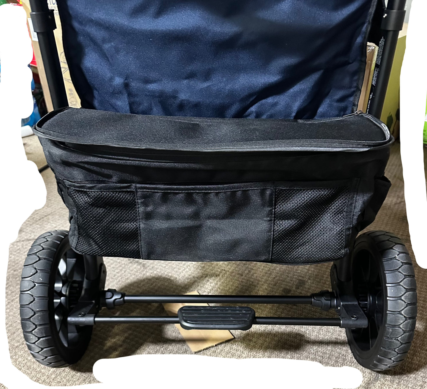 WONDERFOLD W4 Luxe Stroller Wagon (4 Seater) - Collapsible Wagon Stroller with Seats with Magnetic Buckle 5-Point Harnesses and Sun Canopy, Navy