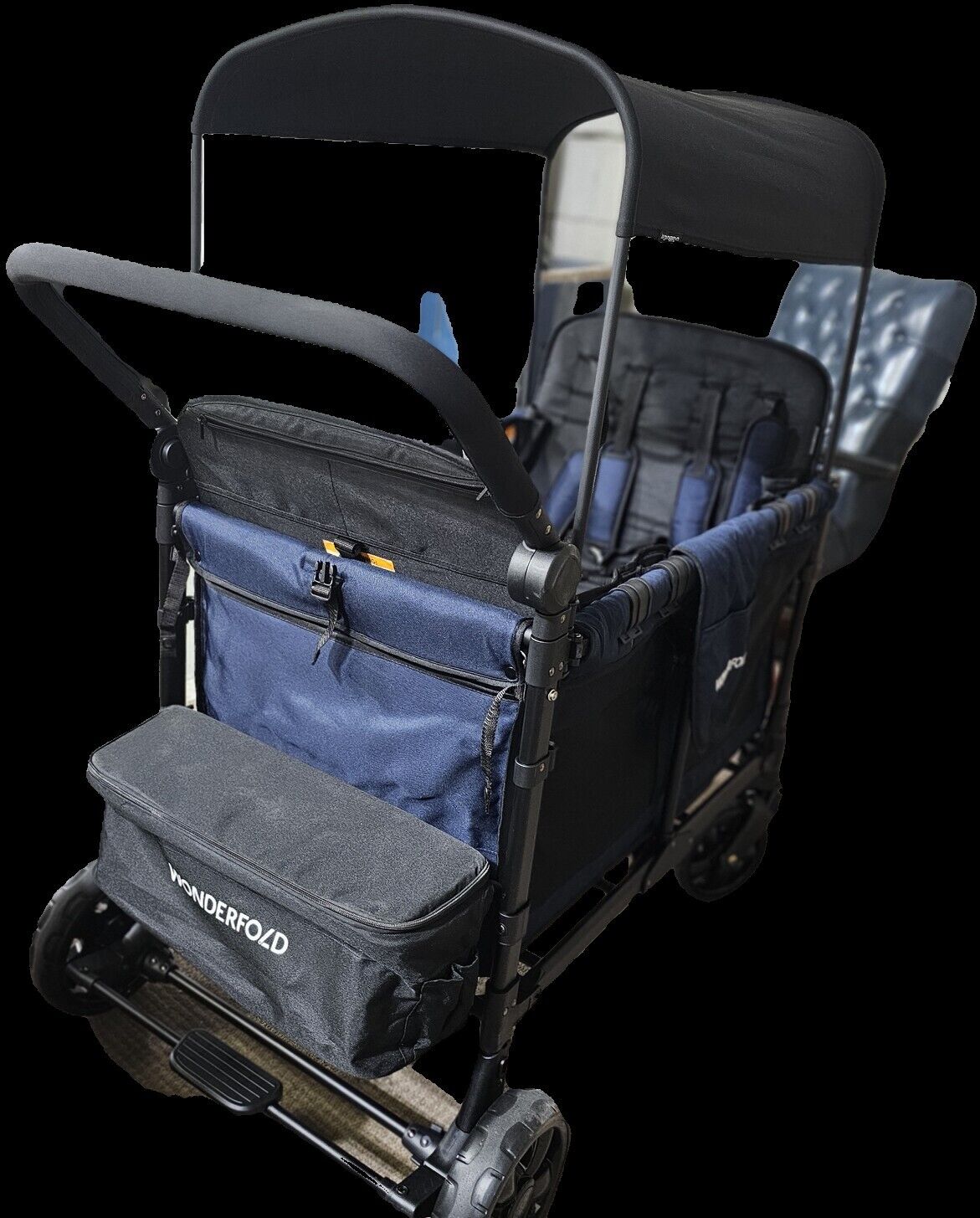 WONDERFOLD W4 Elite Stroller Wagon (4 Seater) - Collapsible Wagon Stroller with Seats with 5-Point Harnesses, Adjustable Push Handle, and Removable UV Sun Canopy, Noble Navy