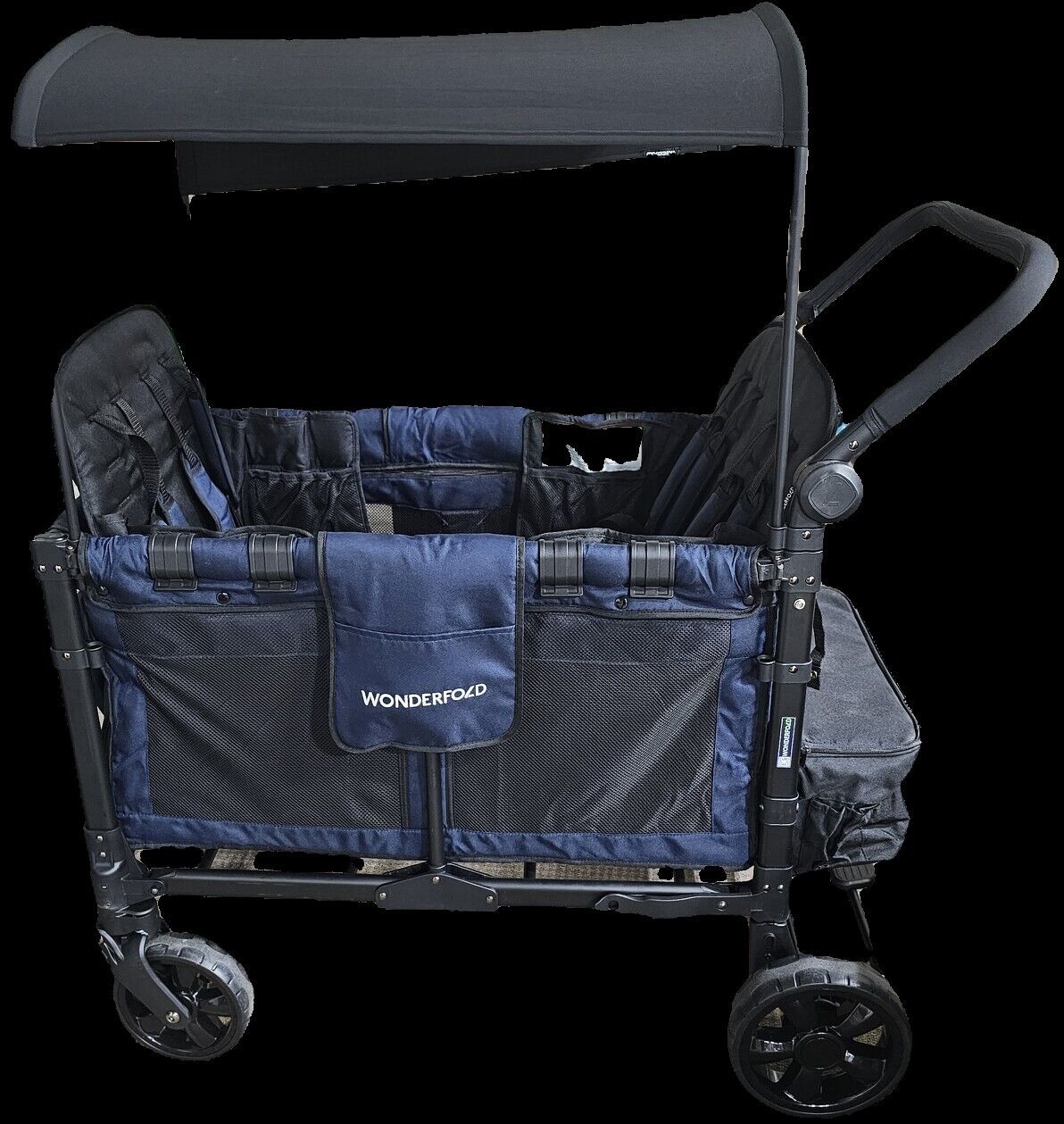 WONDERFOLD W4 Elite Stroller Wagon (4 Seater) - Collapsible Wagon Stroller with Seats with 5-Point Harnesses, Adjustable Push Handle, and Removable UV Sun Canopy, Noble Navy