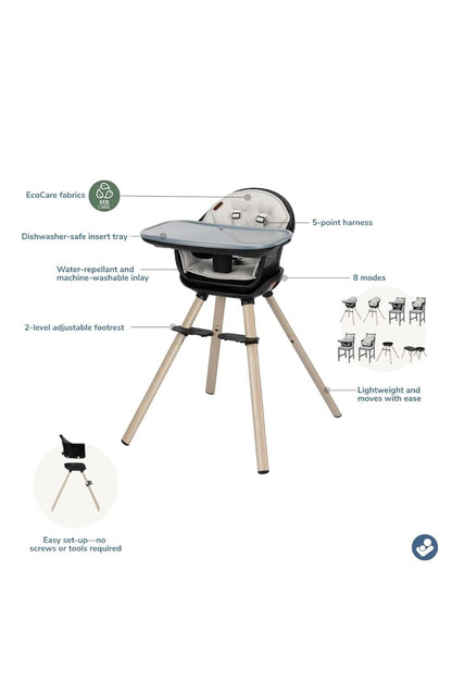 Maxi-Cosi Moa 8-in-1 High Chairs for Babies and Toddlers, Machine Washable Infant High Chair, Compact, Convertible High Chair Lightweight Design, Onyx Sand