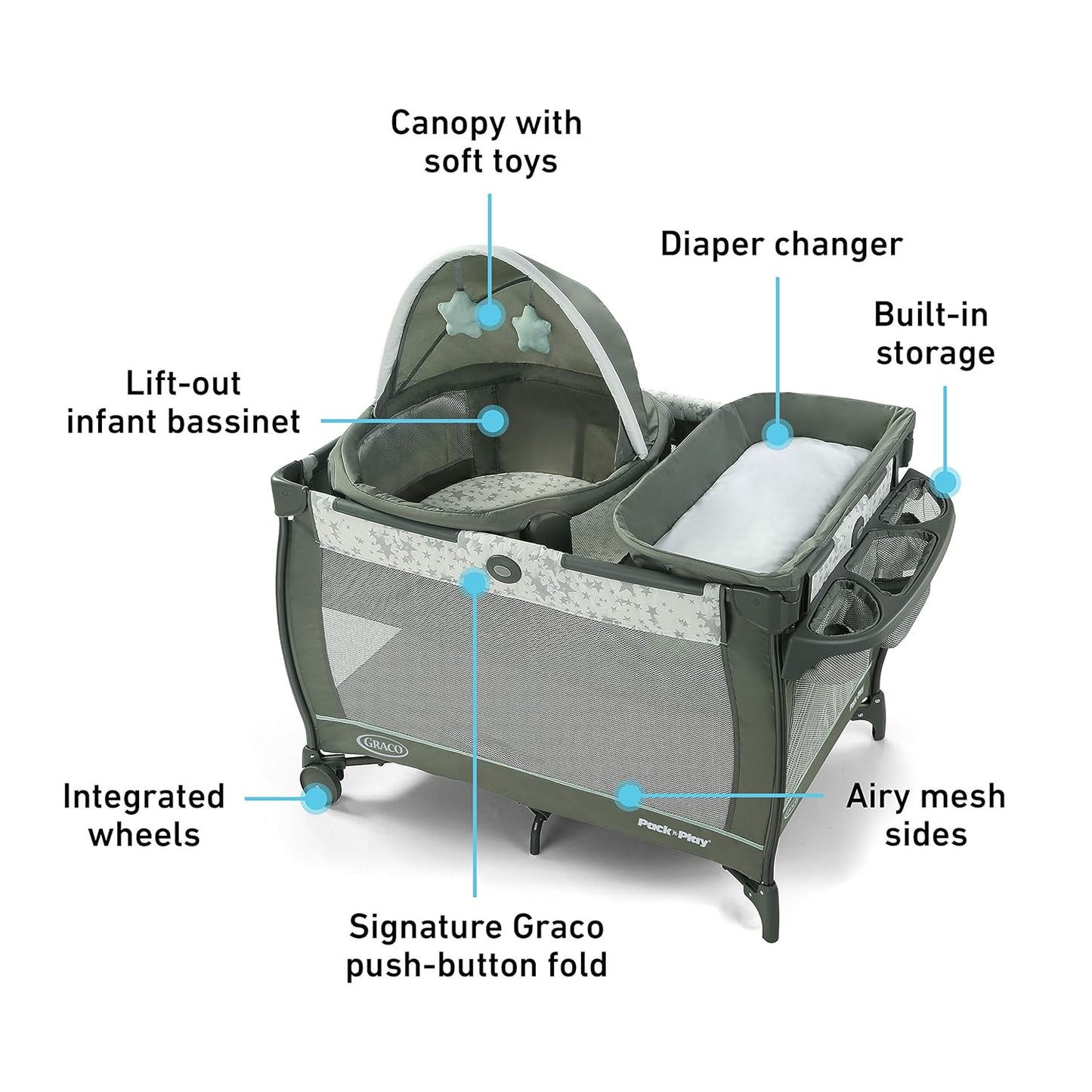 PaGraco Pack ’n Play Travel Dome Playard, Portable Bassinet with UV Canopy, Full‑Size Infant Bassinet, Diaper Changerck 'n Play® Travel Dome™ Playard in Oskar